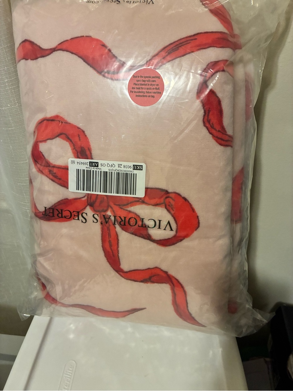 Victoria's Secret Pink Throw Blanket with Red Ribbon Motif